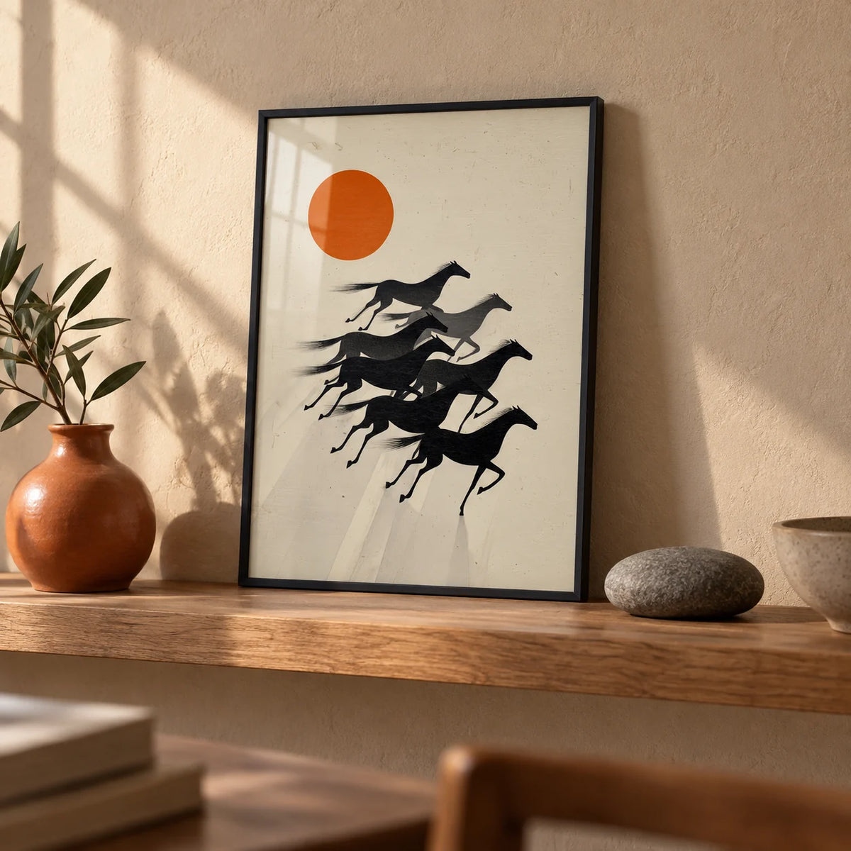 7 Horses Wall Art, a small A4 framed print leaning on an oak shelf in a living room