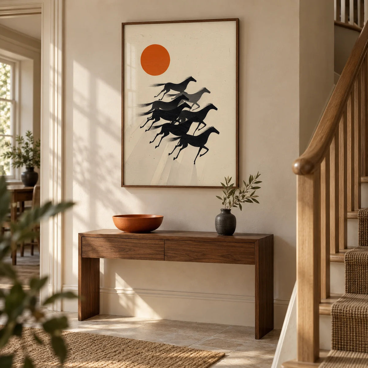 7 Horses Wall Art, framed on the wall of a warm modern hallway in a UK townhouse with a pale stone wall and simple timber staircase