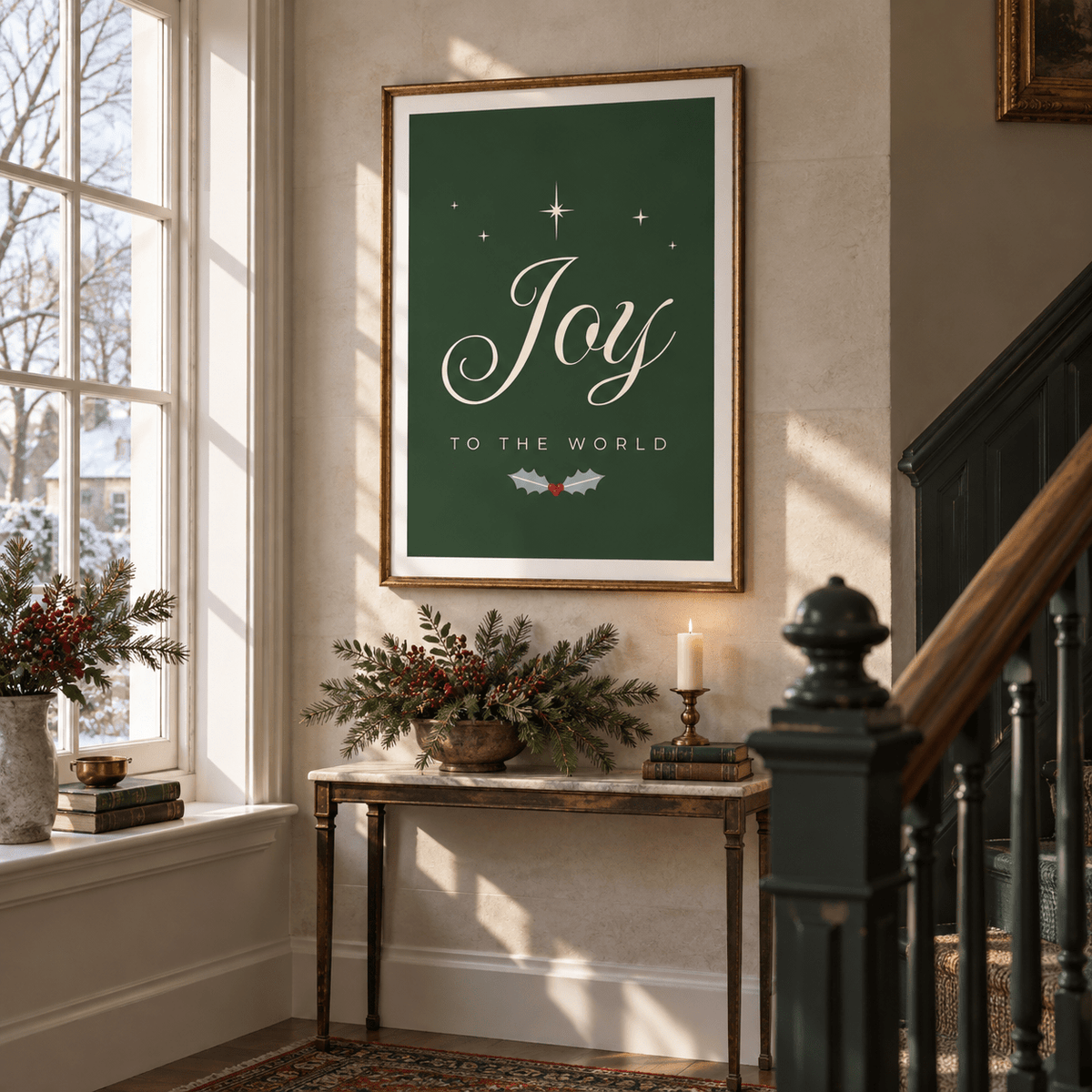 Joy to the World print on a stair landing above a table with winter greenery