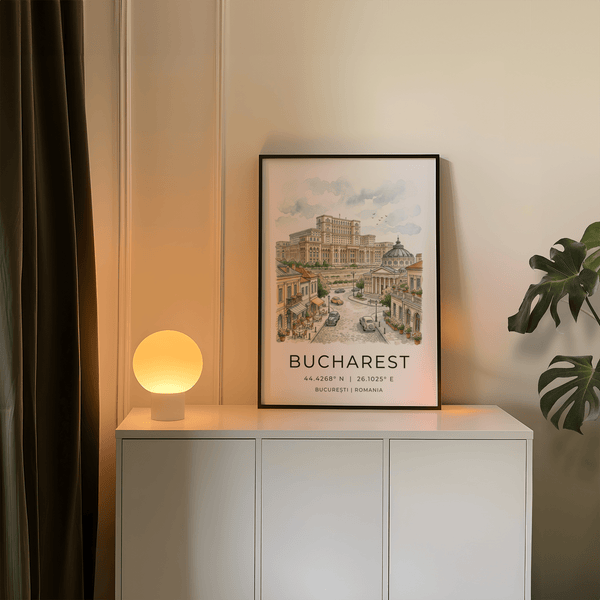 Cobblestone road leading to Parliament Palace in detailed urban travel illustration print