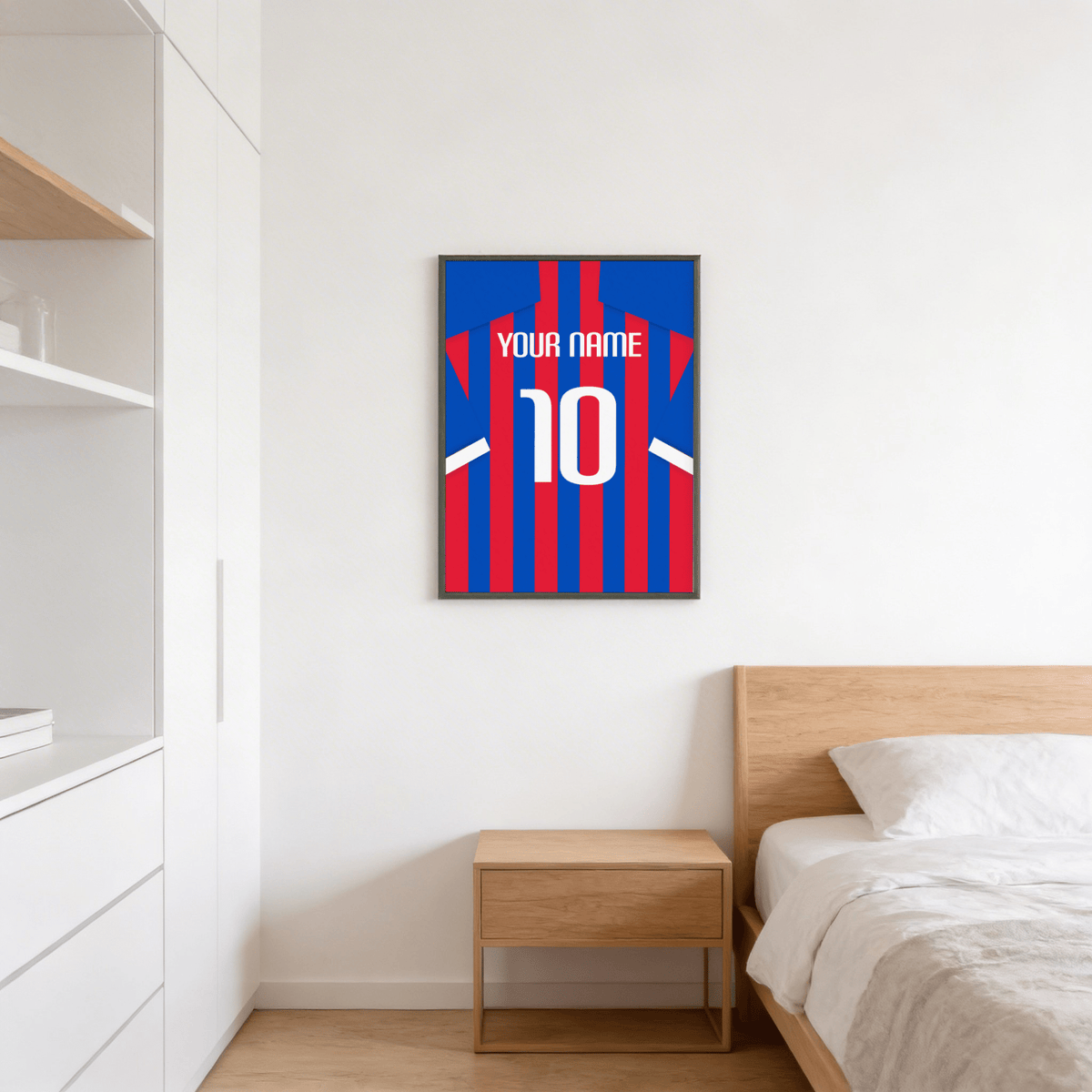 Close-up poster print of striped football shirt graphic showing YOUR NAME lettering above number 10