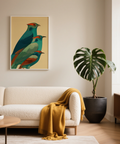 Showcasing stacked bird wall art print with overlapping profiles, graphic eyes, and simplified beaks