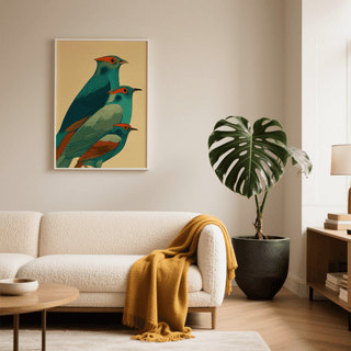 Showcasing stacked bird wall art print with overlapping profiles, graphic eyes, and simplified beaks
