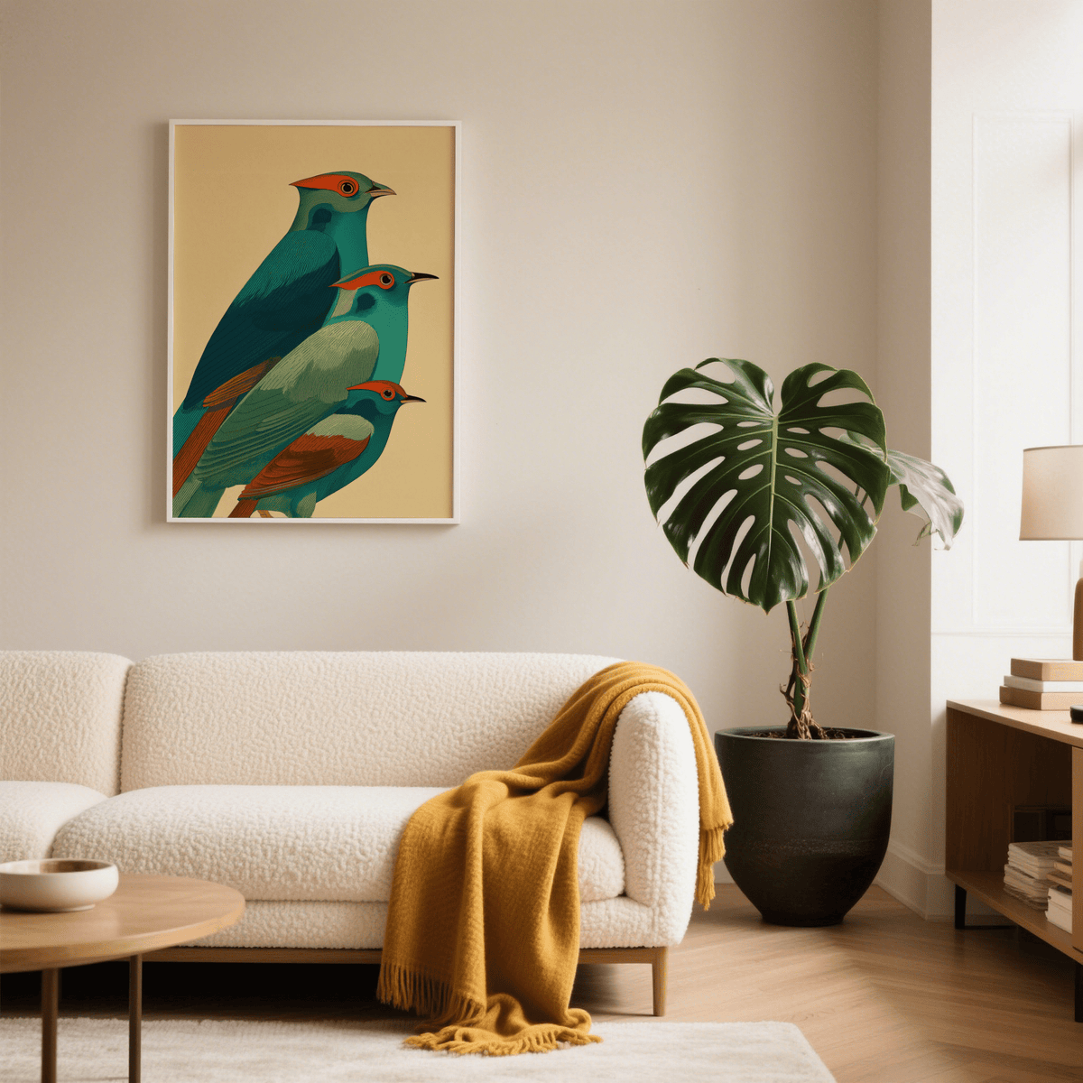 Showcasing stacked bird wall art print with overlapping profiles, graphic eyes, and simplified beaks