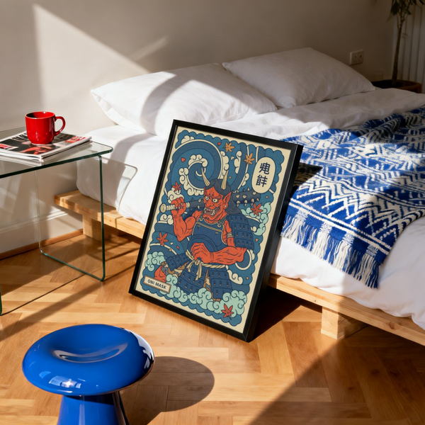 Detail poster print showing oni armor plates, tied sash, and cloud motifs