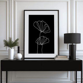 Line Art Floral Print with white floral outlines centered on dark canvas