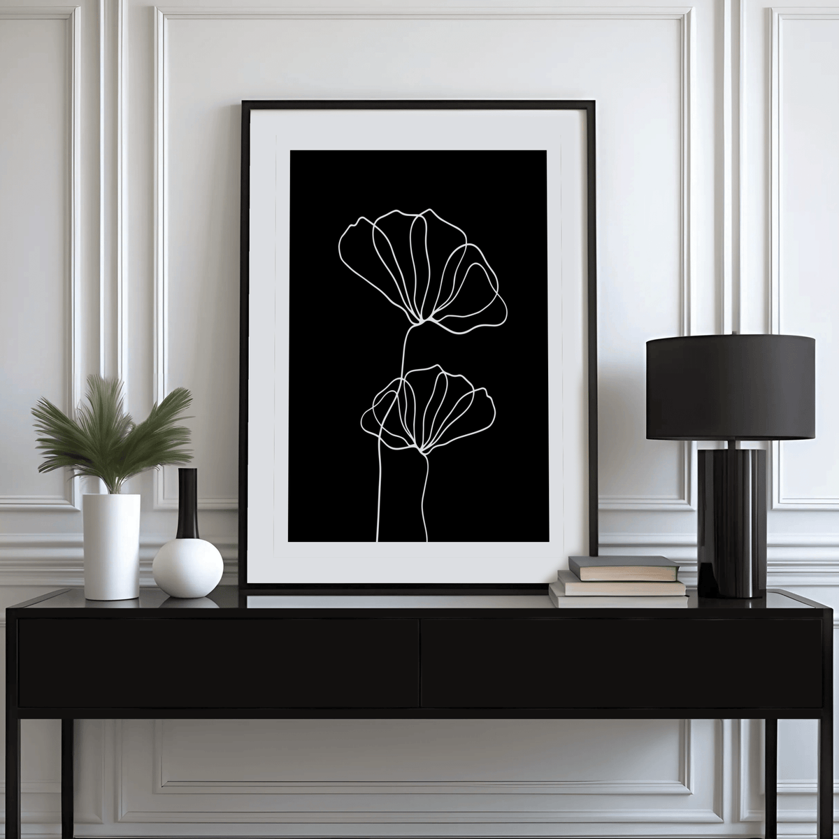 Line Art Floral Print with white floral outlines centered on dark canvas