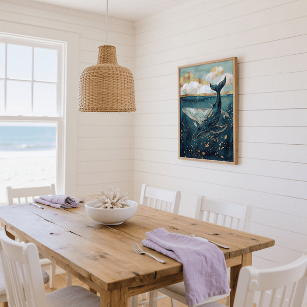 Modern Whale Wall Art in Blue and Gold tones for hallway, wall art