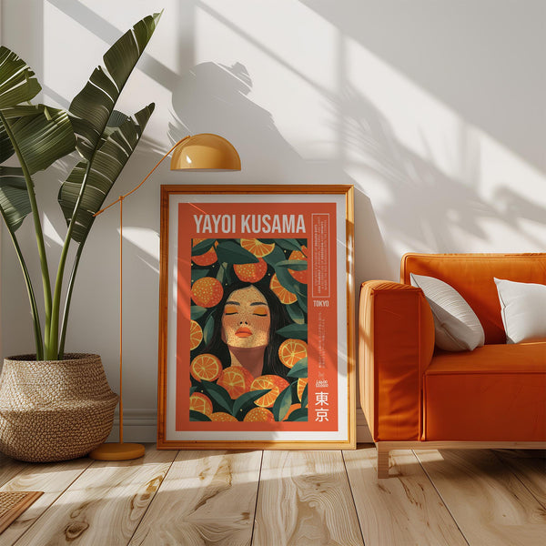 Woman’s portrait in a citrus grove featured in cool wall art style.