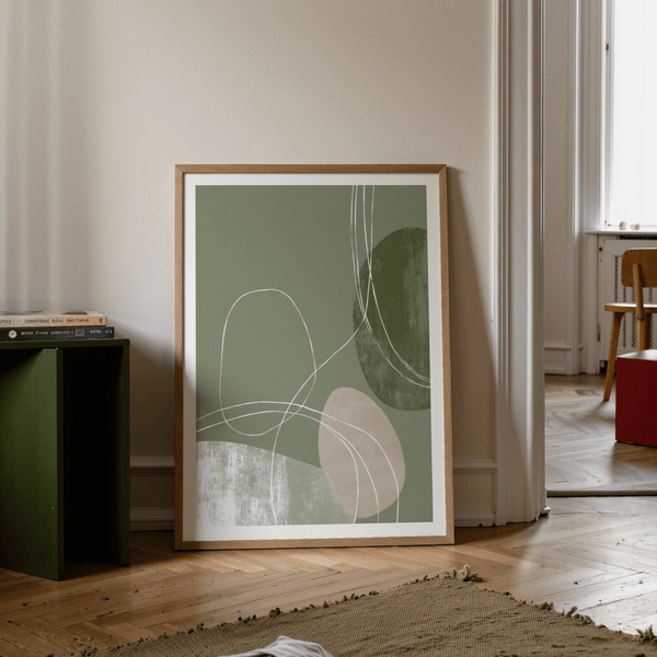 Modern abstract wall art print with intersecting line loops and rounded shapes