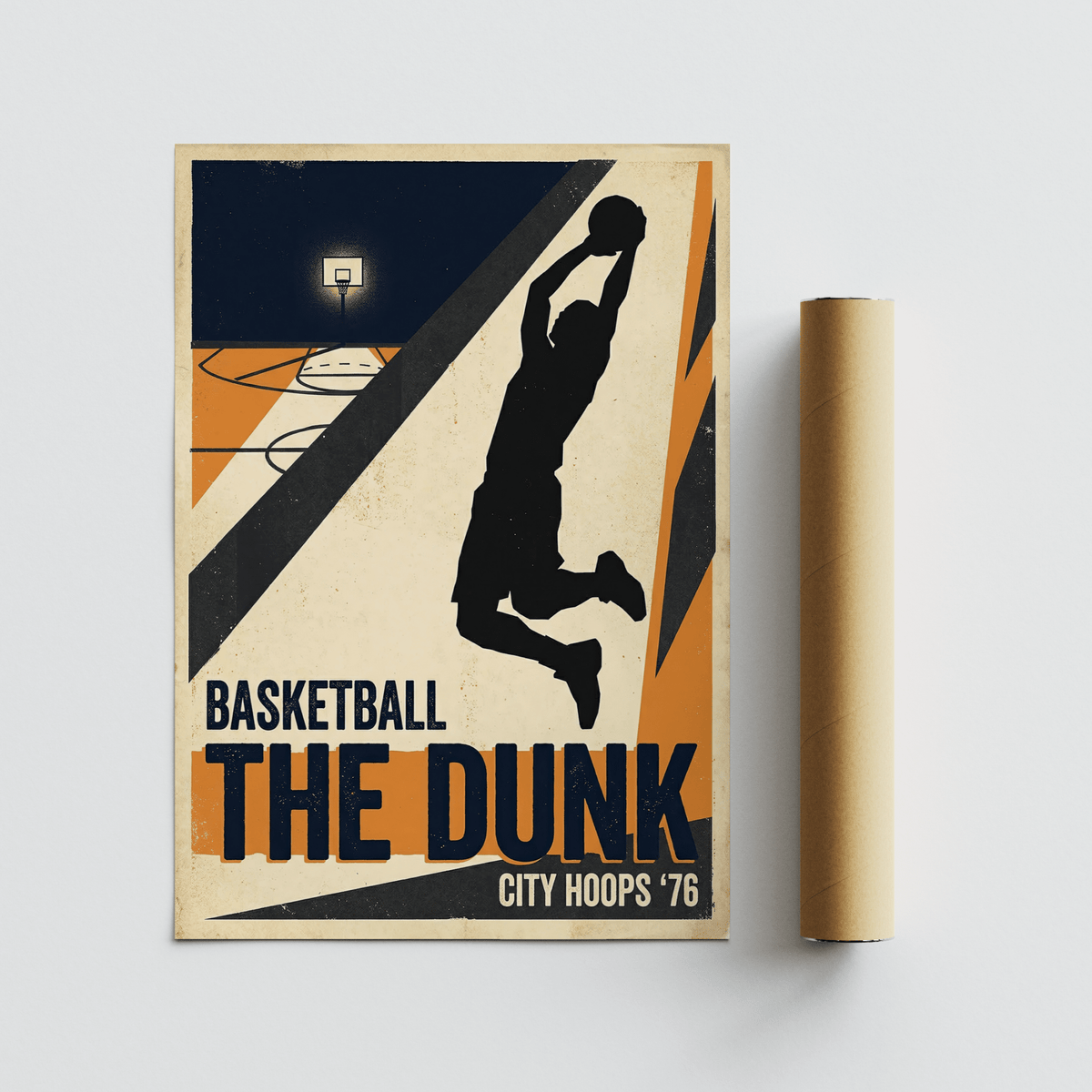 Rendered Basketball Dunk Art Print with central athlete silhouette, hoop detail, and vintage-style typography