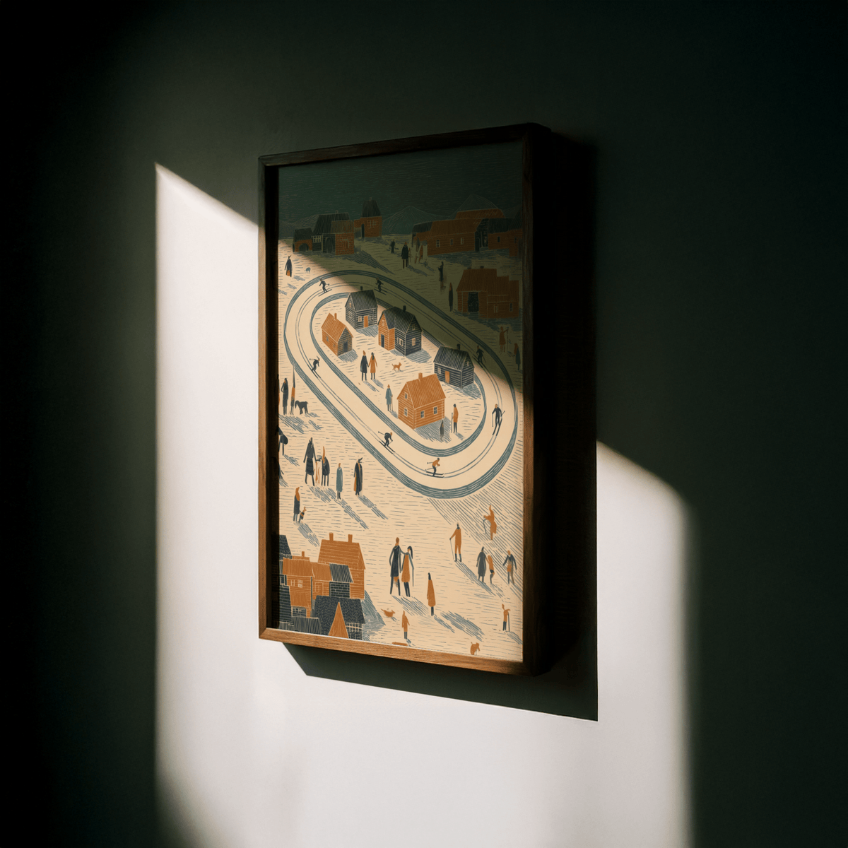 Whimsical Winter Village Art Print in Blue, Orange, Beige for hallway wall art