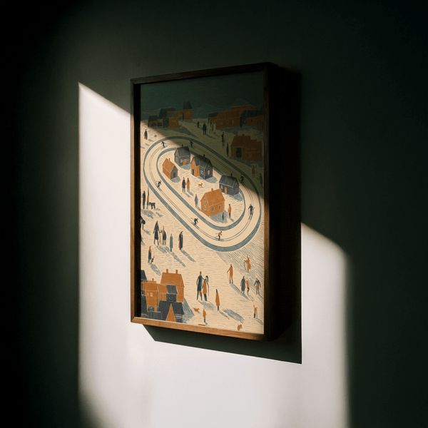 Whimsical Winter Village Art Print in Blue, Orange, Beige for hallway wall art