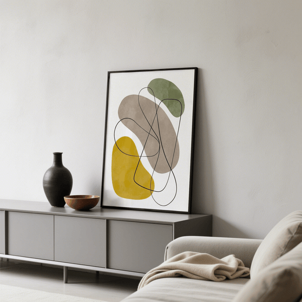 Geometric Abstract Poster wall decor with Yellow, Green, Brown, Beige for dining area