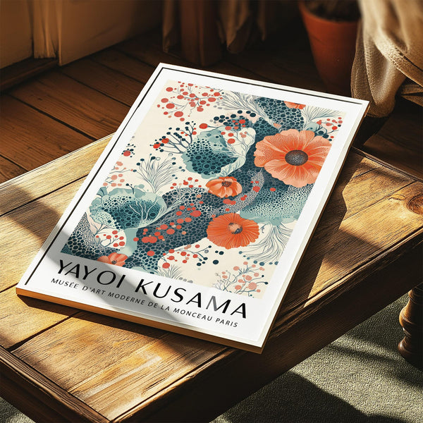 Botanical orange and teal wall art with freeform shapes and flowing lines