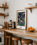 Crescent moon and swirling cloud form in a multicolored galaxy poster print