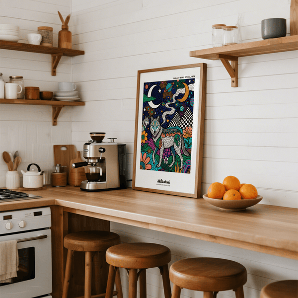 Crescent moon and swirling cloud form in a multicolored galaxy poster print