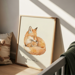 Centered Sleepy Fox Art Print showing adult fox curled around sleeping cub