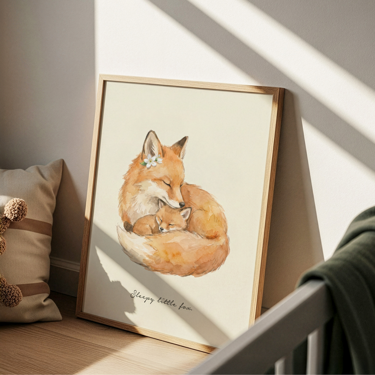 Centered Sleepy Fox Art Print showing adult fox curled around sleeping cub