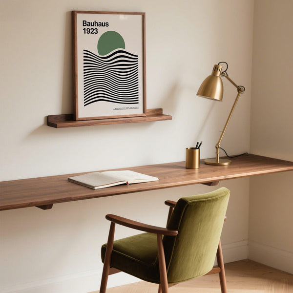 Framed Sage Green Print in a clean, minimalist living room setting.