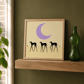 Simple illustration print with three dog silhouettes and a wide band of negative space