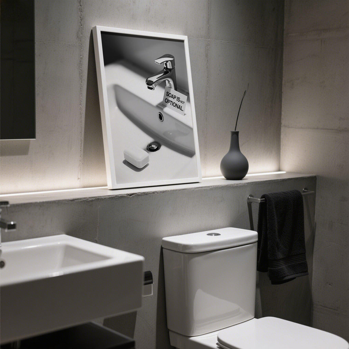 White sink with bold hygiene message on wash hands sign.