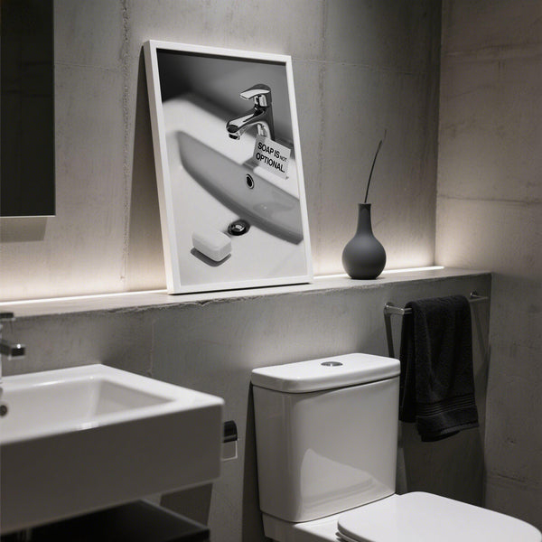 White sink with bold hygiene message on wash hands sign.