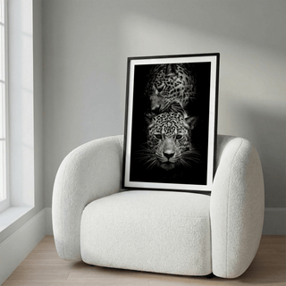 Vertical wildlife poster with stacked leopard portraits and deep shadows