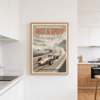 Wide composition Formula One Print wall art showing sweeping S-bend road leading into mist with prominent title text