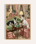 Vintage Dog Wall Art with Pink, Green, White, and Black hues for living room wall art