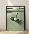 Minimalist Golf Putter Art Print showing putter head labeled PUTTER beside dimpled ball