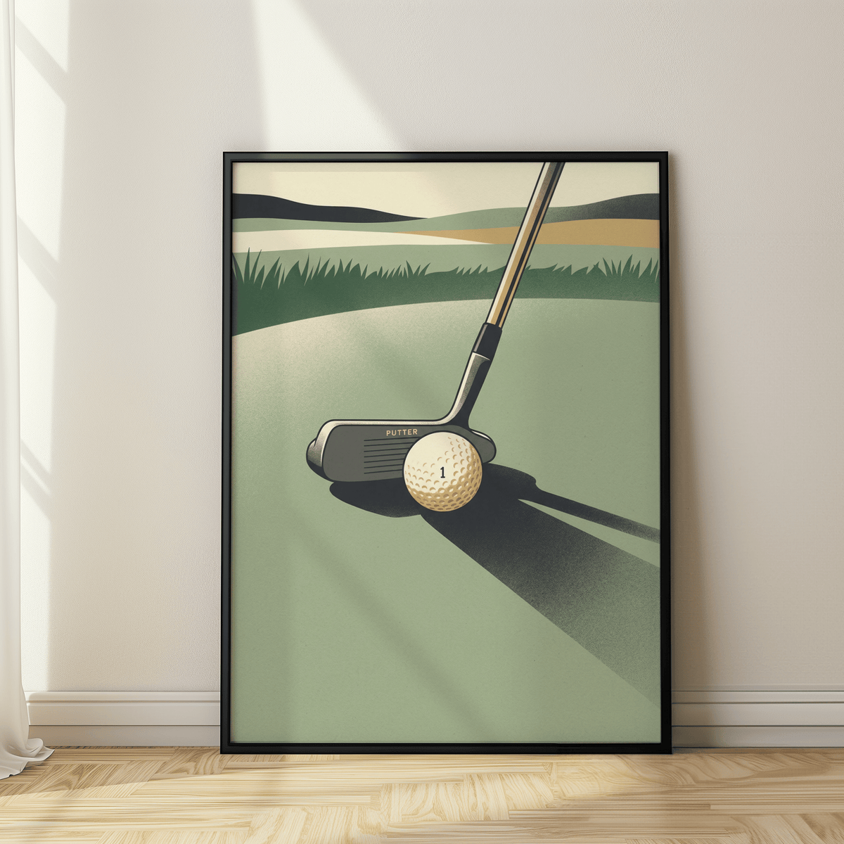 Minimalist Golf Putter Art Print showing putter head labeled PUTTER beside dimpled ball