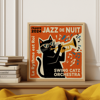 Jazz Cat Art Print, Yellow musical notes, studio decor art print