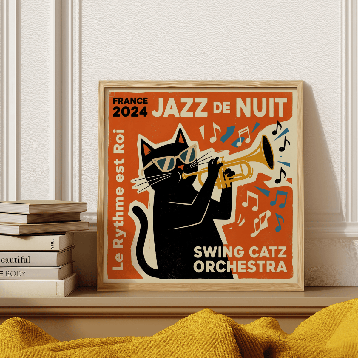 Jazz Cat Art Print, Yellow musical notes, studio decor art print