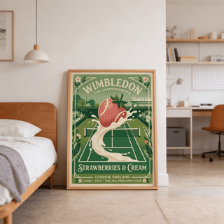 Showcasing Wimbledon championships poster print with strawberries and cream text panel
