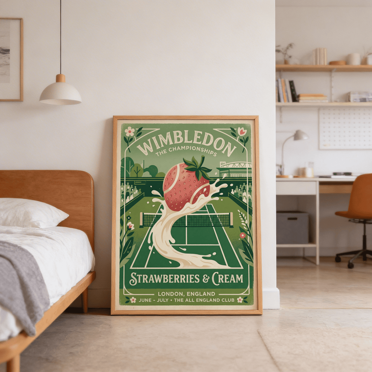 Showcasing Wimbledon championships poster print with strawberries and cream text panel
