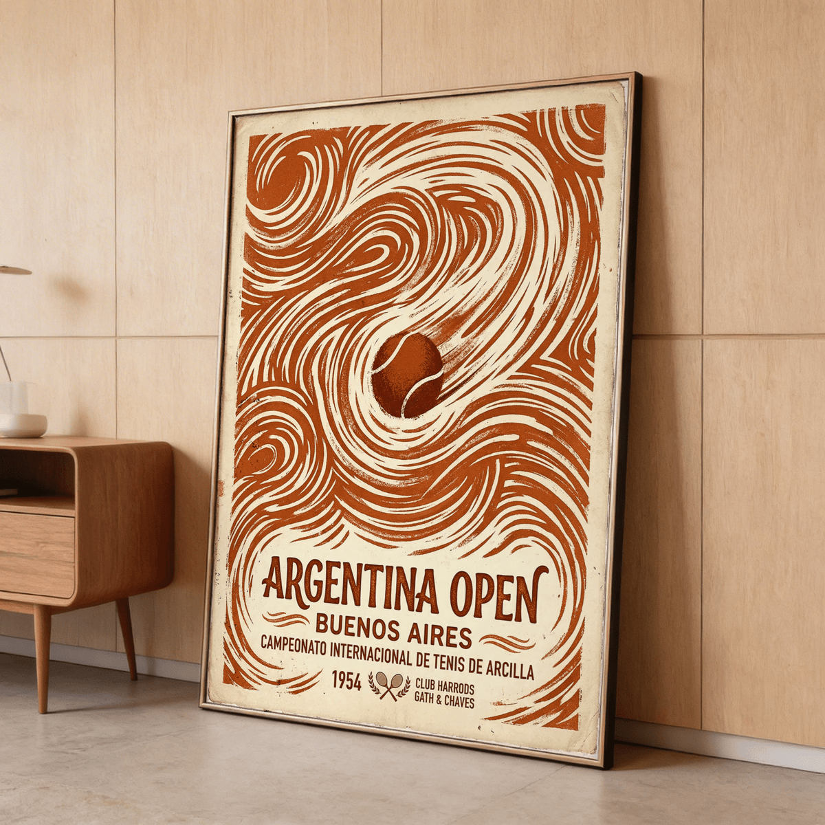 Graphic tennis poster print with Argentina Open headline and Spanish event lettering