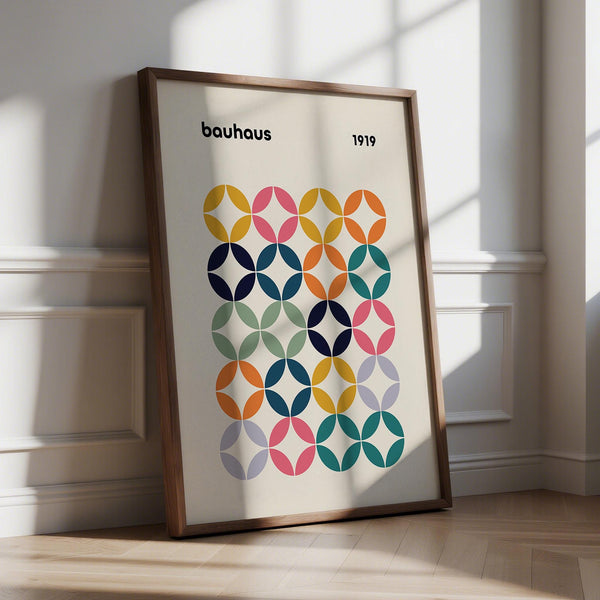 Colorful wall art office print with bold overlapping circles in a retro Bauhaus pattern.