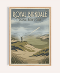 Featuring Royal Birkdale Golf Art poster with golfer teeing off and long ball-flight line over fairway