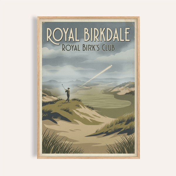Featuring Royal Birkdale Golf Art poster with golfer teeing off and long ball-flight line over fairway