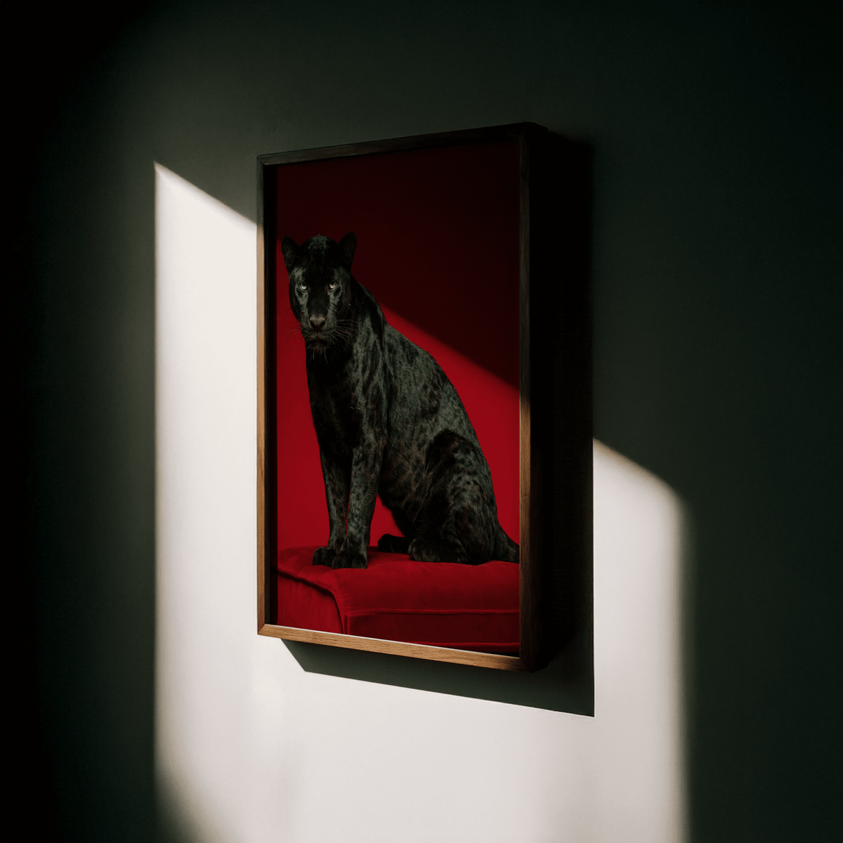 Striking Black Panther Art Print in red and black for hallway display