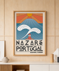Nazare Portugal Art Print showing stylized ocean waves, sun, and lighthouse illustration