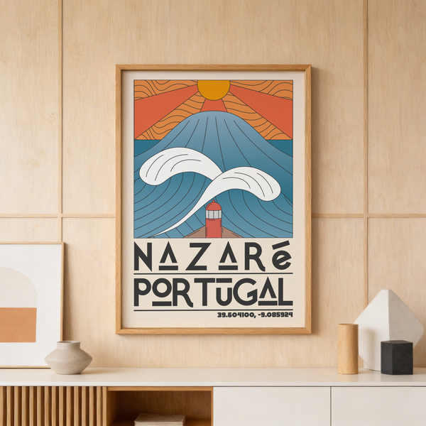 Nazare Portugal Art Print showing stylized ocean waves, sun, and lighthouse illustration