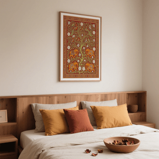 Zoom on intertwined branches, perched birds, and clustered blossoms of botanical print