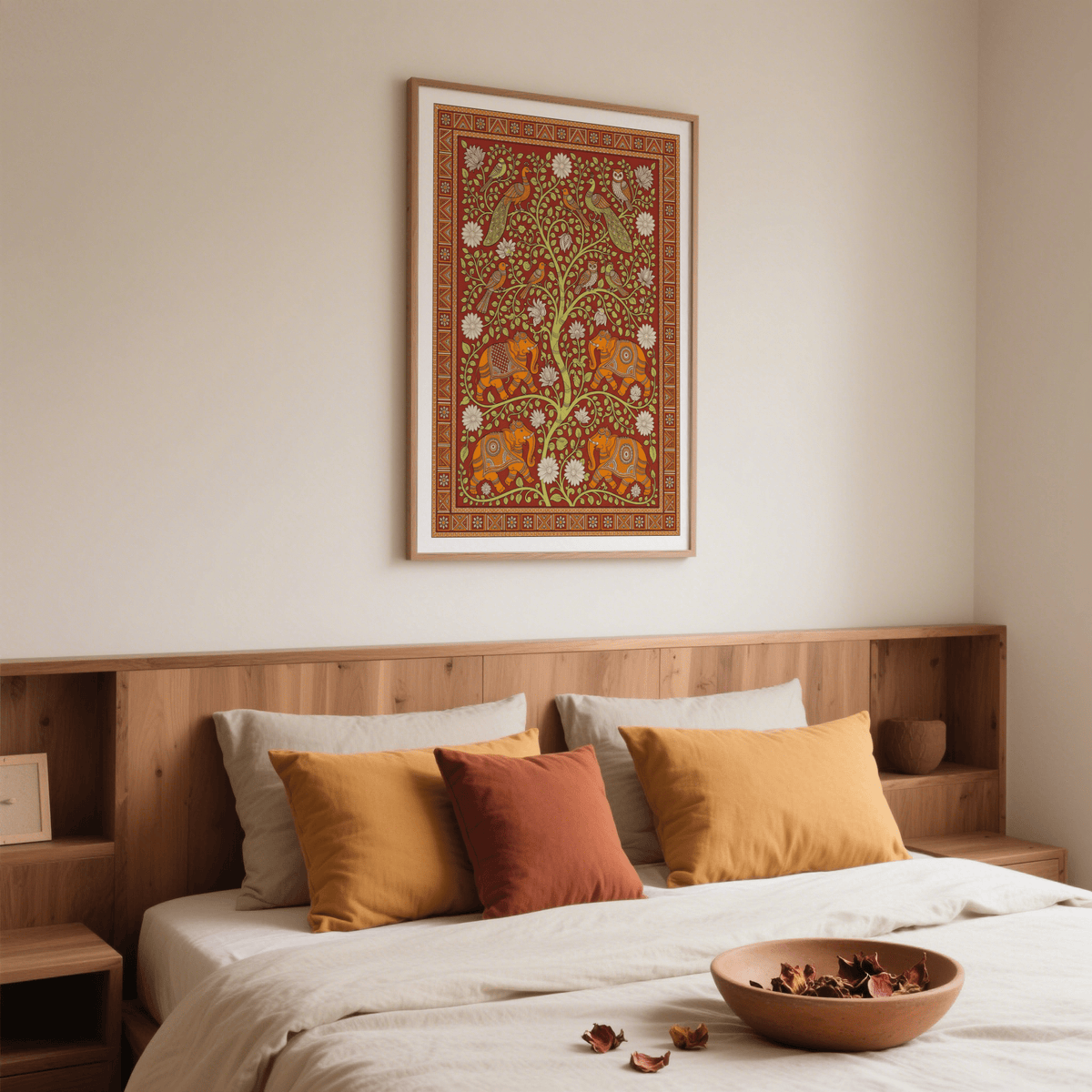 Zoom on intertwined branches, perched birds, and clustered blossoms of botanical print