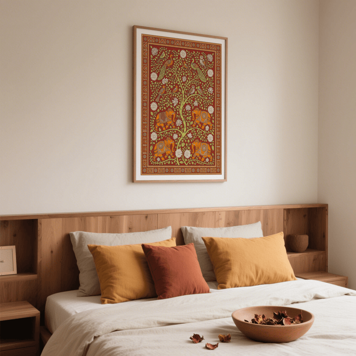 Elephant Tree wall art with decorative elephants and birds in warm colours above a bed with cushions