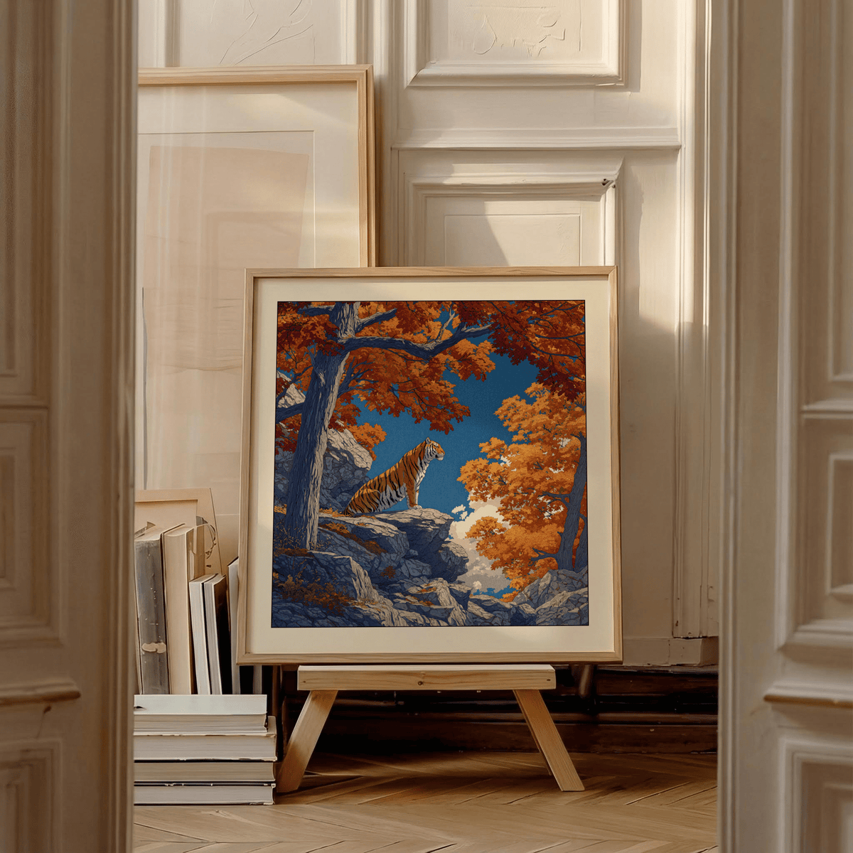 Framed mockup of Hasui Kawase tiger art print wall poster with woodland canopy and stone outcrop