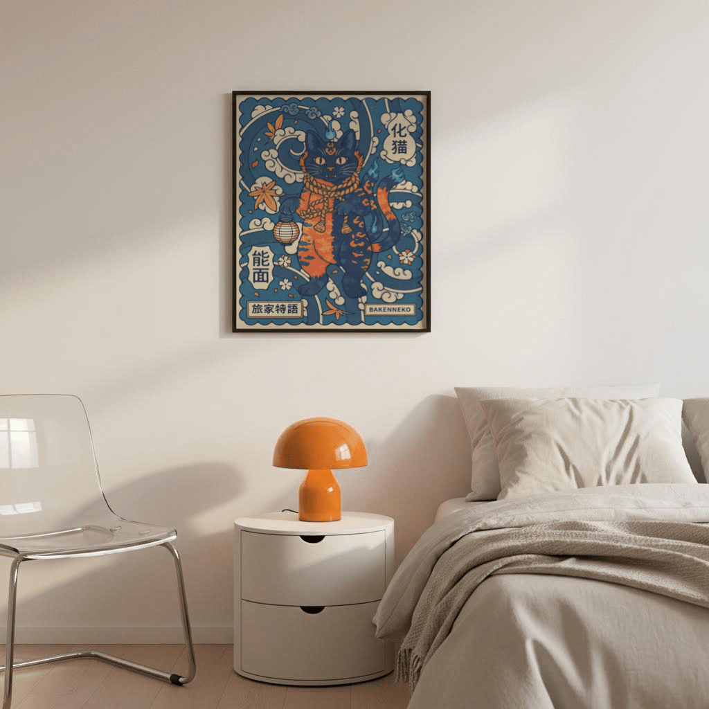 Centered bakeneko figure surrounded by leaf accents and cloud motifs