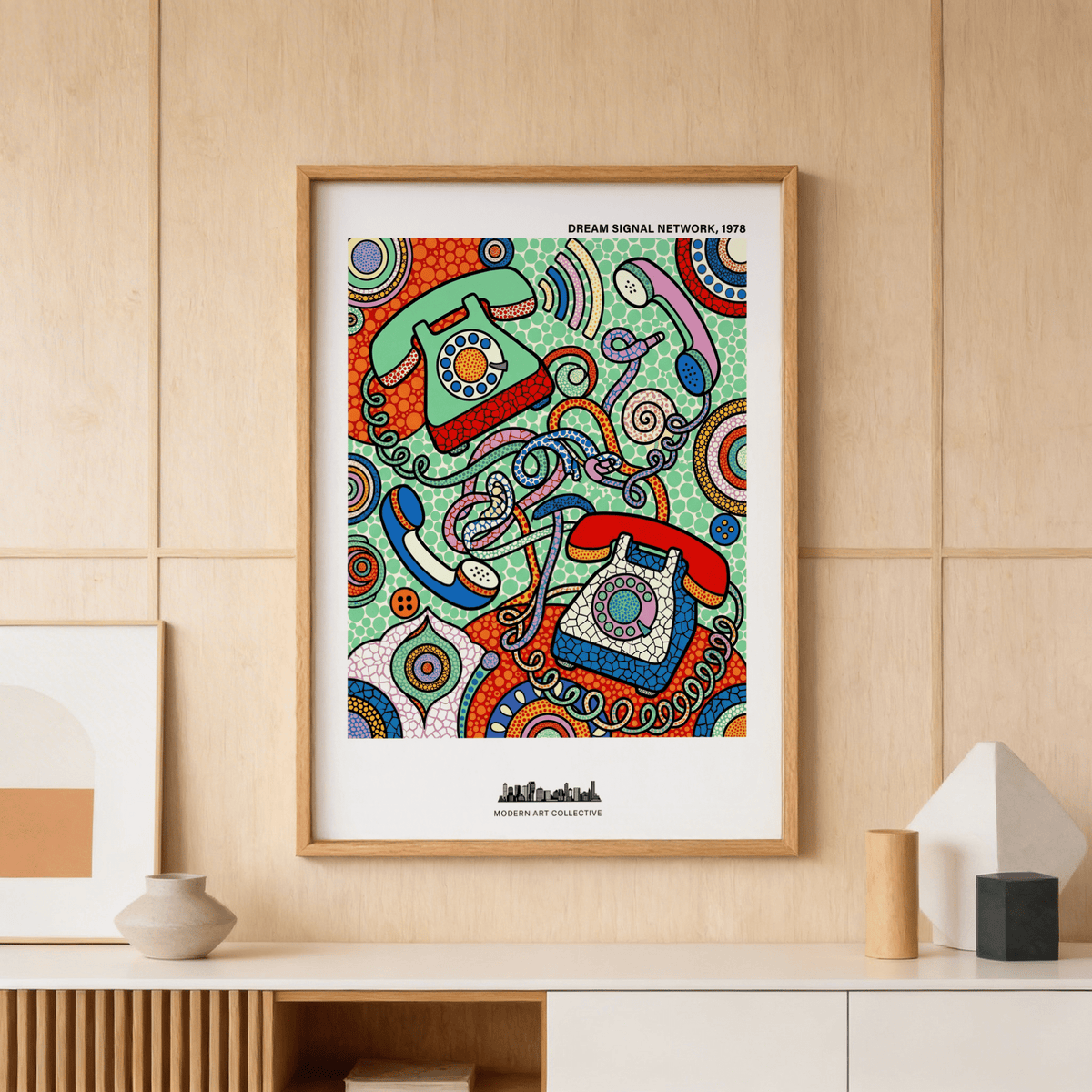 Graphic pop art print showing handsets, coils, and circular dot patterns