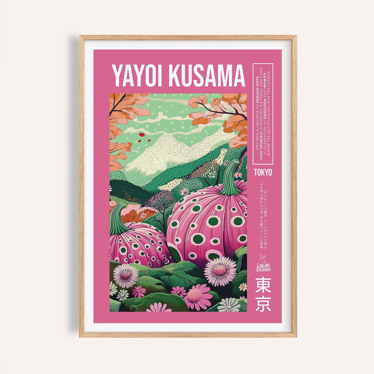 Wall art with pink showing a fantasy Japanese mountain scene with giant pumpkins.